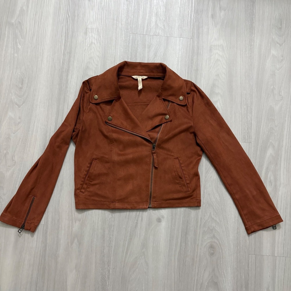Matilda Jane Women Jacket Faux Suede Moto Brown Girls Zipper Snap Collar Size 16